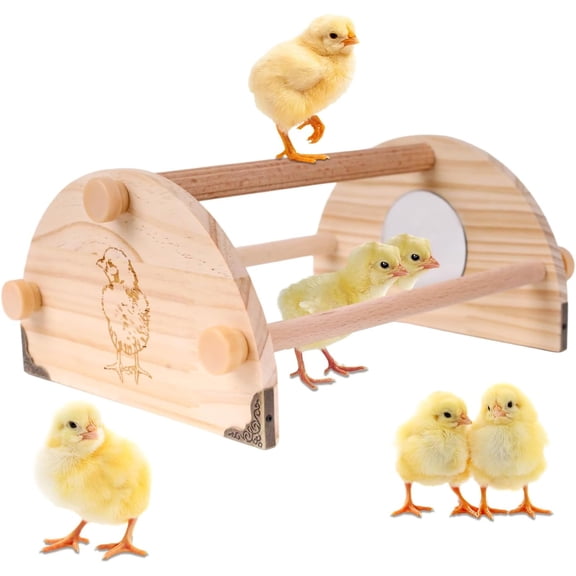 Pine Chicken Perch with Mirror and Metal Corners, Strong Solid Mini Small Chick Jungle Gym Roosting Bar, Chicken Toys for Coop and Brooder, Training Perch Toys for Large Bird, Parrot, Macaw, Hens