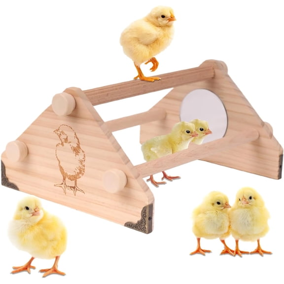 Pine Chicken Perch with Mirror and Metal Corners, Strong Solid Mini Small Chick Jungle Gym Roosting Bar, Chicken Toys for Coop and Brooder, Training Perch Toys for Large Bird, Parrot, Macaw, Hens