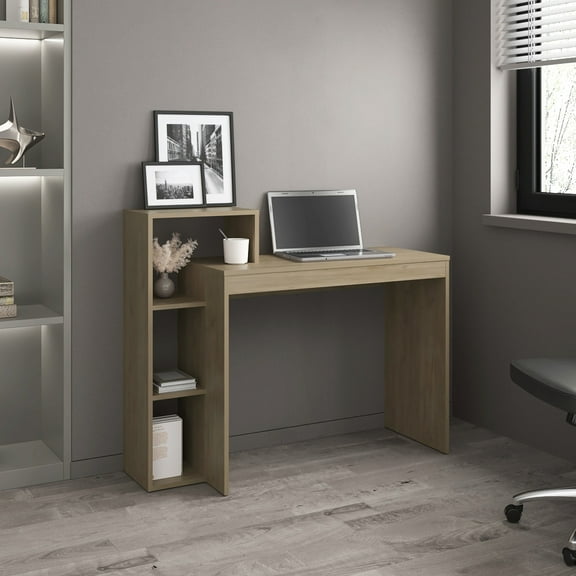 Pine Computer Desk With 3 Shelves, Made From Strong Engineered Wood, Keeps Home Office Area Organized And Functional Shelves Desk, Color, Ideal For Work Study, Organizes Space