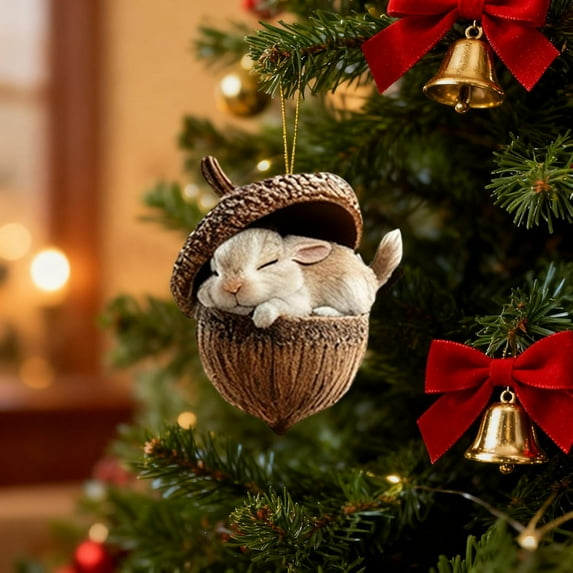 Pine Cone Animal Ornament, Woodland Acorn Forest Animal for Christmas Tree Decoration, 2D Acrylic Sleeping Animals Decor for Holiday Home Keepsake Gifts (1, Coffee Rabbit)