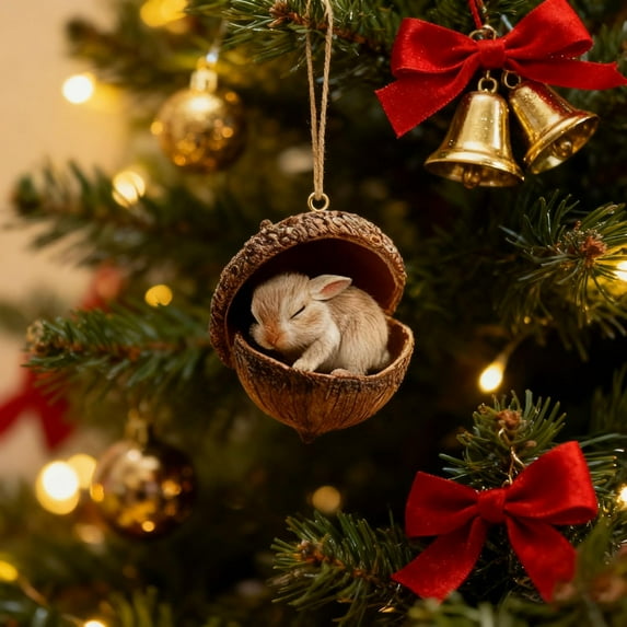 Pine Cone Animal Ornament, Woodland Acorn Forest Animal for Christmas Tree Decoration, 2D Acrylic Sleeping Animals Decor for Holiday Home Keepsake Gifts (1, Coffee Bunny)