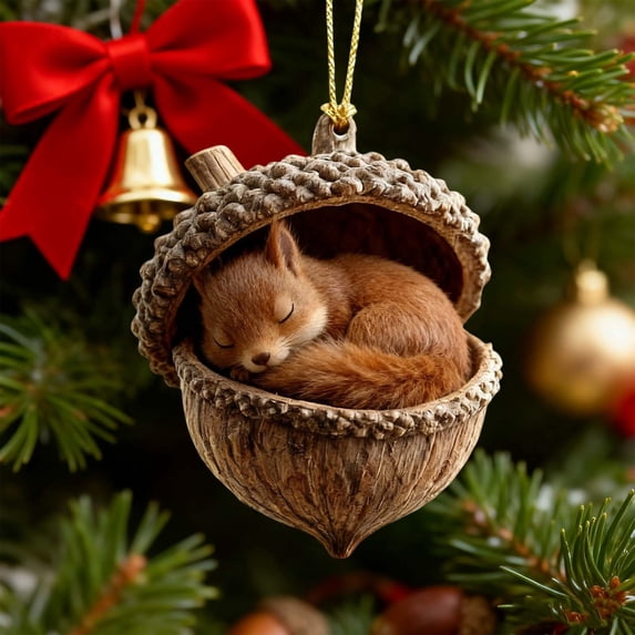 Pine Cone Animal Ornament, Woodland Acorn Forest Animal for Christmas Tree Decoration, 2D Acrylic Sleeping Animals Decor for Holiday Home Keepsake Gifts (B)