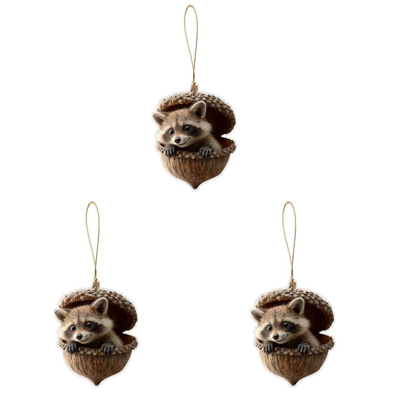 Pine Cone Animal Ornament, Woodland Acorn Forest Animal for Christmas Tree Decoration, 2D Acrylic Sleeping Animals Decor for Holiday Keepsake Gifts (3, Brown Raccoon)