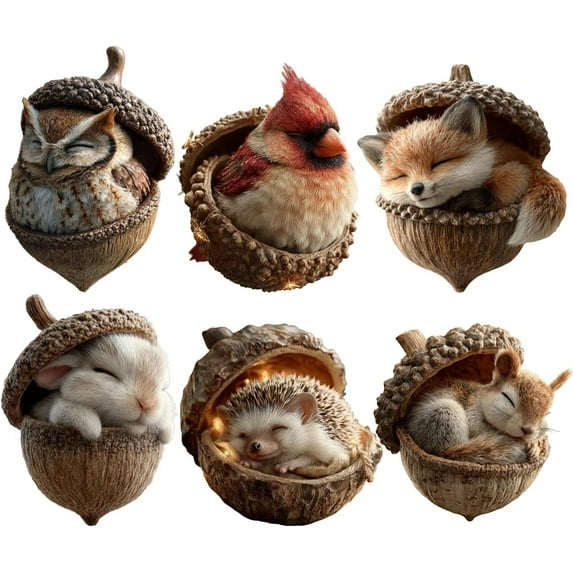 Pine Cone Animal Ornament, Woodland Acorn Forest Creature Figurine for Christmas Tree Decoration, Acrylic Miniature Sleeping Animal Decor for Holiday Home(All)