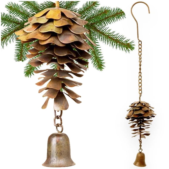 Pine Cone with Bell Ornament by Happy Gardens Pine Door Knob Hanger Soothing Chimes for Garden Porch Home Elegant Pinecone Outdoor Decorations Holiday Wall Ornament