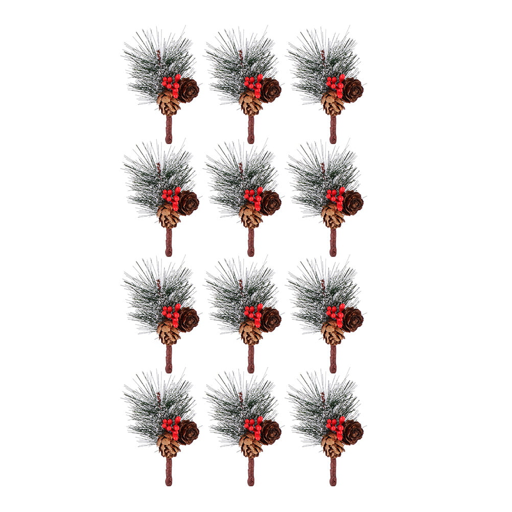 LOVYNO 5pcs Christmas Pinecone Holly Berry Picks Artificial Holly Red Berry Pine Cone Picks Holiday Floral Decorations with Bendable Stems Green