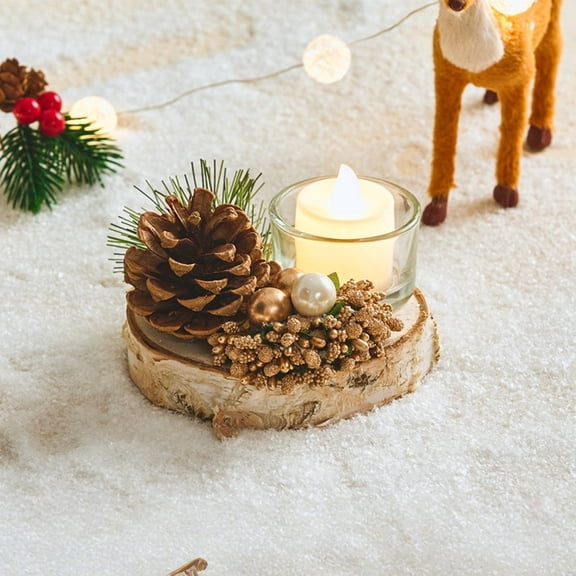 Pine Cone Candles With Wood Base Flameless Christmas Battery Operated Pine Cone Candles 3D Wick Battery Candle Flickering For Christmas Thanksgiving Day Holiday Home Decor(Beige-10X10X4Cm)#4290