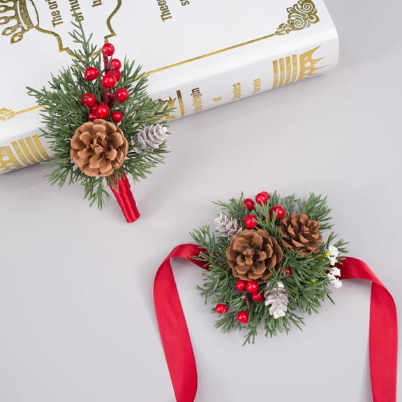 Pine Cone Corsage Boutonniere for Women and Men, Red Berry Green Pine Flower Decor for Christmas Wedding Anniversary, Dinner Party Dance Prom (Corsage)