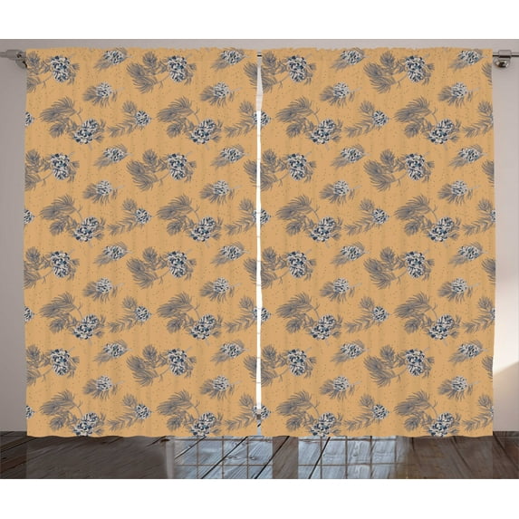 Pine Cone Curtains 2 Panels Set, Vintage Style Fir Branches Autumn Tones Inspired Growth Noel Theme, Window Drapes for Living Room Bedroom, 108W X 96L Inches, Sand Brown Slate Blue, by Ambesonne