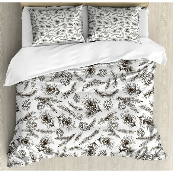 Pine Cone Duvet Cover Set Queen Size, Botanical Branches Nature Mother Earth Growth Monochrome Style Pattern, Decorative 3 Piece Bedding Set with 2 Pillow Shams, Dark Taupe White, by Ambesonne