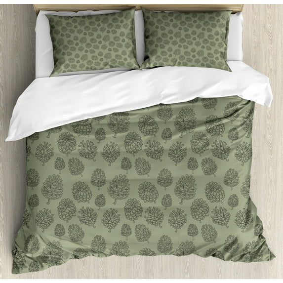 Pine Cone Duvet Cover Set Queen Size, Plants Woodland Conifer Organic Herbal Treatment on Polka Dots Zen Boho, Decorative 3 Piece Bedding Set with 2 Pillow Shams, Pale Sage Green Grey, by Ambesonne