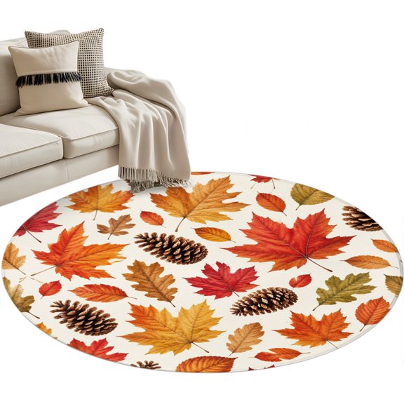 Pine Cone Fall Round Rug 3ft Washable Circle Entryway Rugs Non Slip Thanksgiving Maple Leaves Autumn Area Rug Indoor Floor Carpet for Bedroom Kitchen Living Room Home Office Dining Room Nursery