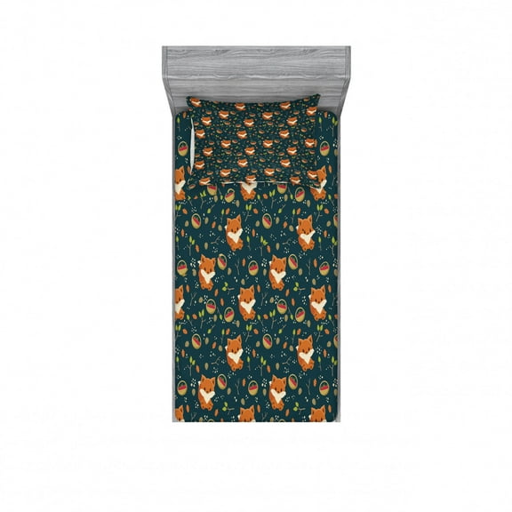 Pine Cone Fitted Sheet & Pillow Sham Set, Baby Fox with Basket of Raspberry Leaf Herbs Forest Animal Childish Cartoon, Decorative Printed 2 Piece Bedding Decor Set, Twin, Multicolor, by Ambesonne