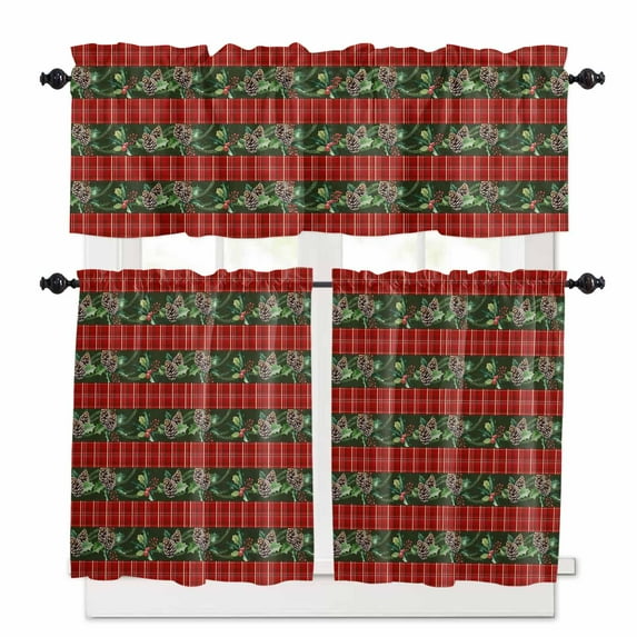Pine Cone Kitchen Curtains and Valances Set, Red Plaid Winter Christmas Vintage Dark Green Rod Pocket Window Valance 18 Inch Window Curtain Panels for Living Room Bedroom Laundry, 27.5x24in, 3 Pieces