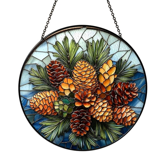Pine Cone Nature Round Suncatcher – Stained Glass Style Cabin Window Decor