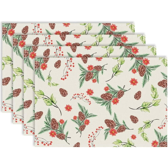 Pine Cone Needle Berry Winter Placemats Set of 4, 12x18 Watercolor Rustic Table Mat Decor, Seasonal Winter Table Decors for Christmas Dining Kitchen Holiday Party. (028)
