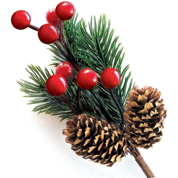 Pine Cone Red Berry Pick Stem Crafts Branch Christmas Wreath - 1 Pack Holly Artificial Evergreen Branch Tiny Pine Cones Pick Decor, Floral Pick for Christmas Flower Wreaths DIY Xmas Gifts
