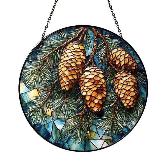 Pine Cone Rustic Stained Glass Style Window Hanging, Woodland Cabin Decorative Art Panel