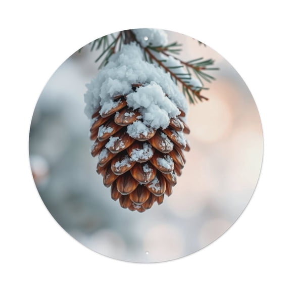 Pine Cone Snow7.9x7.9in Round Aluminum Plaque Wall Art, UV Printed Vintage Metal Sign with Pre-Drilled Holes for Home Bar Garage Cafe Decor