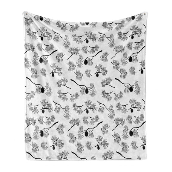Pine Cone Soft Flannel Fleece Blanket, Tree Branches Fir Leaves Needle Shape Northern Woodland Elements Monochrome, Cozy Plush for Indoor and Outdoor Use, 50" x 70", Black and White, by Ambesonne