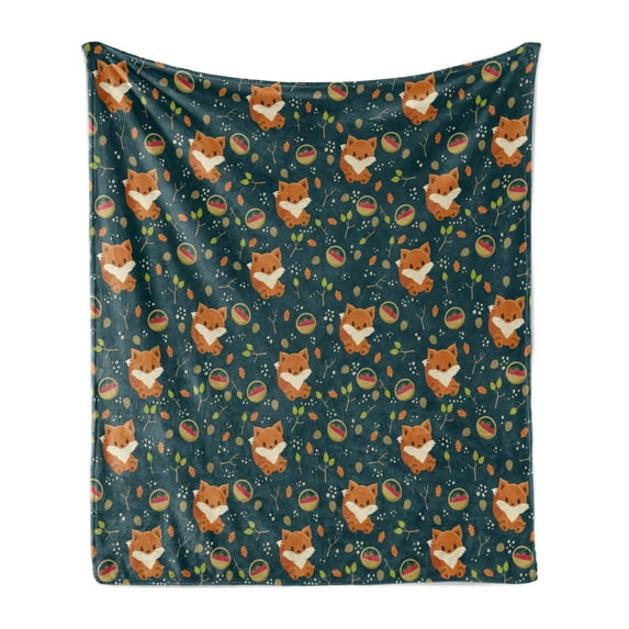Pine Cone Soft Flannel Fleece Throw Blanket, Baby Fox with Basket of Raspberry Leaf Herbs Forest Animal Childish Cartoon, Cozy Plush for Indoor and Outdoor Use, 50" x 60", Multicolor, by Ambesonne