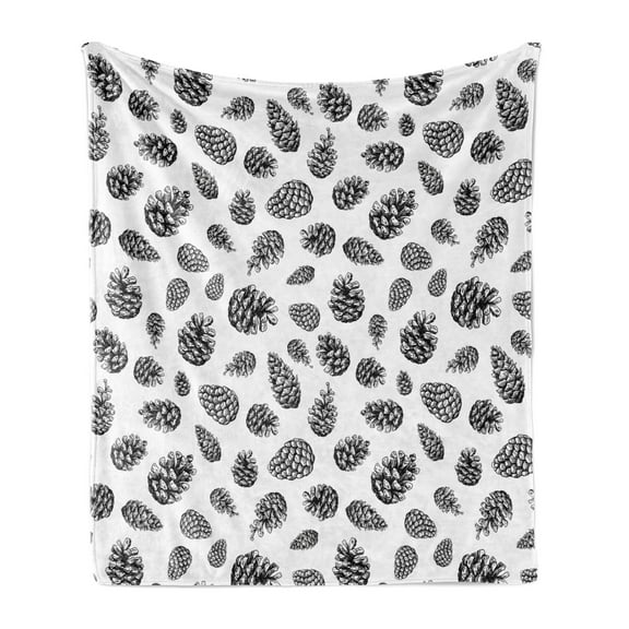 Pine Cone Soft Flannel Fleece Throw Blanket, Monochrome Tree Winter Conifers Engraved Forest Elements Christmas Motifs, Cozy Plush for Indoor and Outdoor Use, 60" x 80", Black and White, by Ambesonne