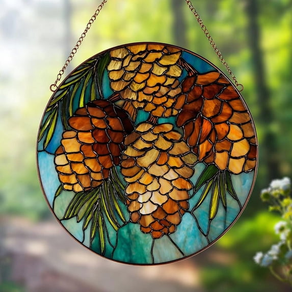 Pine Cone Stained Glass Panel | Handcrafted Rustic Window Hanging | Woodland Cabin Nature Decor | Mother's Day Gift for Mom | Home Accent