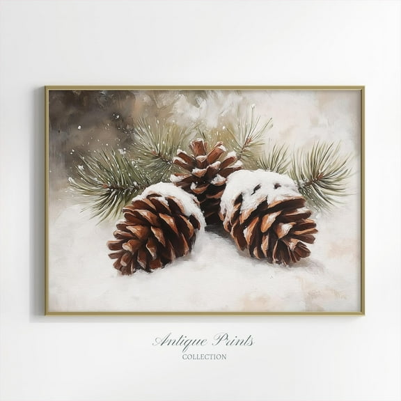 Pine Cone Wall Art, Botanical Winter Print, Farmhouse Pine Branch, Snow Print Home Decor #523, 8x12 UNFRAMED