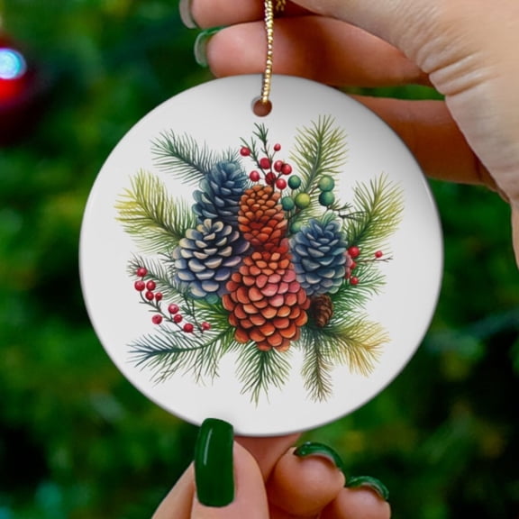Pine Cones Bouquet Ornament Round Christmas Pine Cones Ornament Gift 2D FLAT CIRCLE Ceramic Ornament