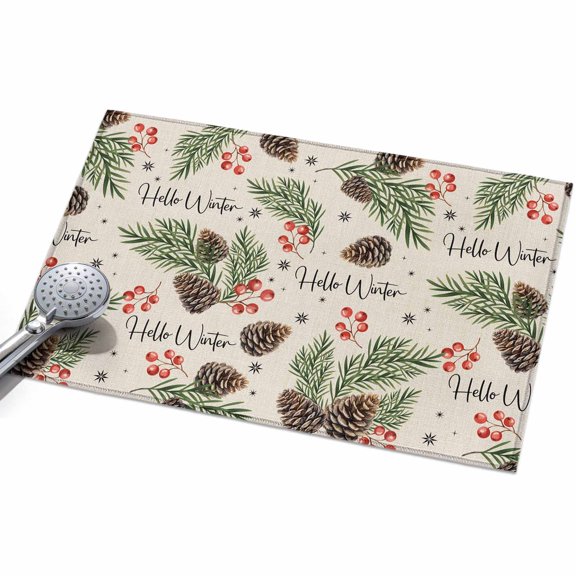 Pine Cones Entryway Rug 2x3ft Washable Non Slip Bathroom Rug Low Pile Indoor Floor Front Door Mat Winter Berry Snowflakes Botanical Beige Rectangle Area Rugs Carpet for Kitchen Office Dining Room
