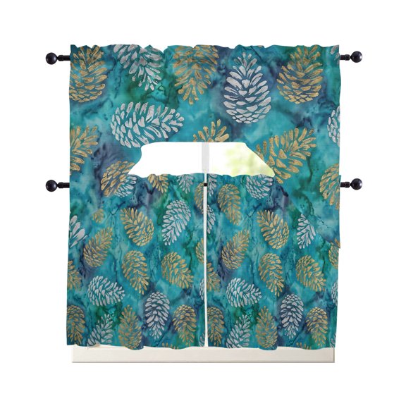 Pine Cones Kitchen Curtains Sets 24 Inch Length with Valance, Winter Forest Cabin Forest Green Pine Needles Swag Valances and Tiers Curtain Set Swag Curtains for Living Room, Bathroom, Bedroom, Cafe