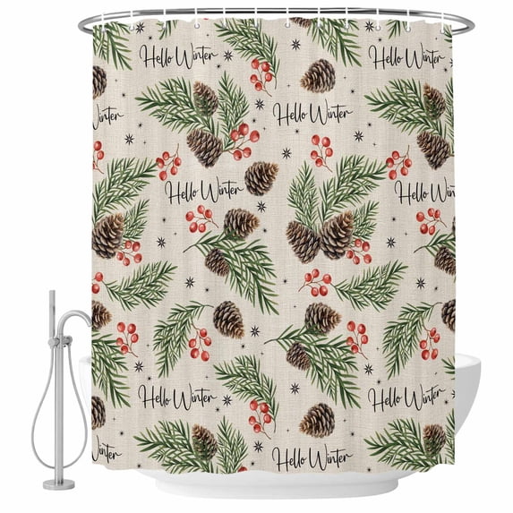 Pine Cones Shower Curtain Set - Standard 72" x 72" Washable Bathtub Curtain with 12 Hooks, Winter Berry Snowflakes Botanical Beige Waterproof Fabric Stall Shower Curtains for Bathroom/Bathtub Décor