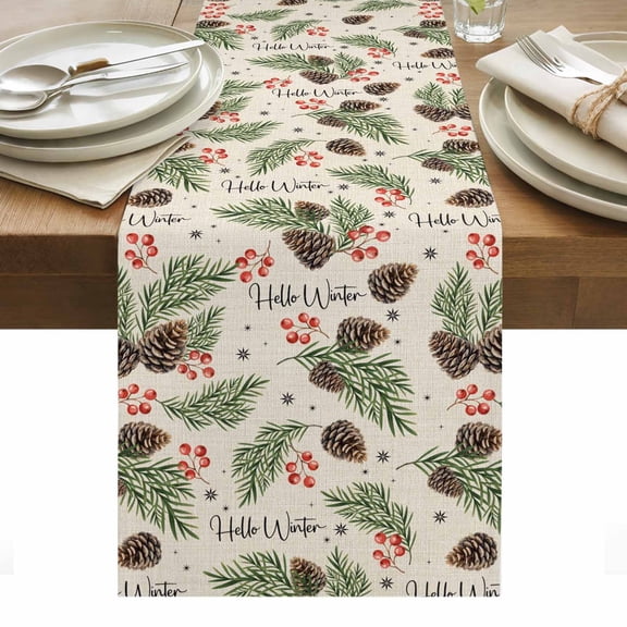 Pine Cones Table Runner - 36 Inch Long, Kitchen Dining Table Runner Dresser Scarves, Winter Berry Snowflakes Botanical Beige Farmhouse Decor for Coffee Tables Wedding Party Banquet