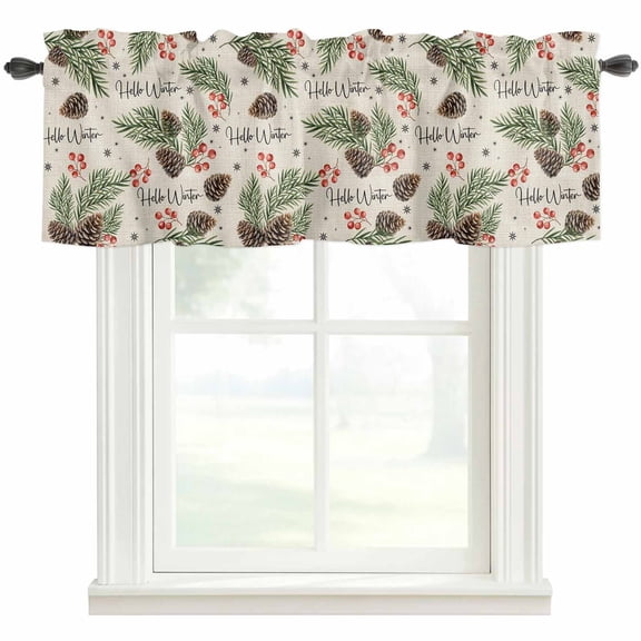 Pine Cones Valances for Windows Farmhouse Kitchen Curtains Valances Rod Pocket Valance Curtains for Windows Winter Berry Snowflakes Botanical Beige Window Valances for Bathroom Bedroom 60"x18"
