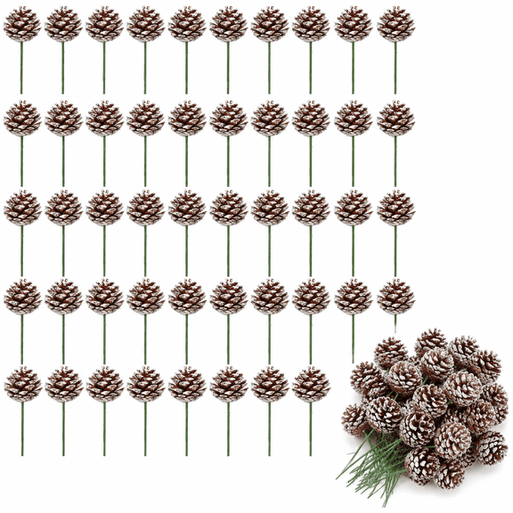 Pine Cones for Christmas Tree 1.38 x 5.1 Inch Frosted Snow Pine Cones Ornaments with Wired Pick for Crafts Holiday Wreath Garland Party Decorations