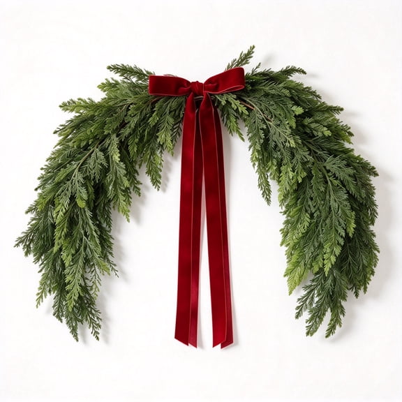 Pine Cypress Artificial Evergreen Swag with Velvet Bow, Hanging Greenery Garland for Round Mirror, Front Door Mantel Christmas Decor Artificial Pine Cypress Swag