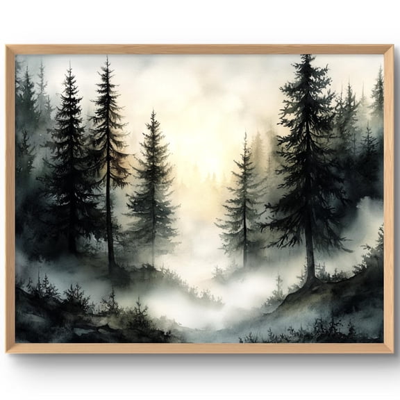 Pine Forest Art Foggy Landscape Misty Trees Style Wall Art Calming Decor, Unframed Paper Print