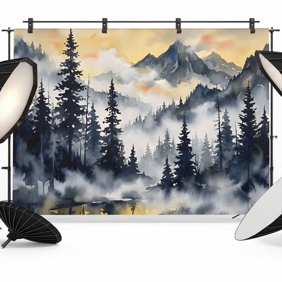 Pine Forest Backdrops for Photography, Mist Mountains Nature Landscape Fabric Photo Background Sturdy Studio Props for Photo Studio, Video Recording, Booth & Photoshoot 7x5ft