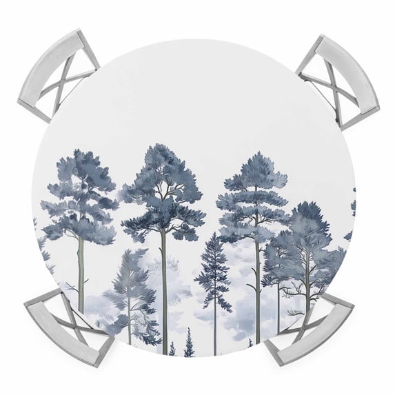 Pine Forest Branches Elastic Fitted Round Table Cover Watercolor Gray Blue Waterproof Outdoor Tablecloth for Holiday Party, Picnic, Patio & Dining Fits Tables Up to 55"-60"