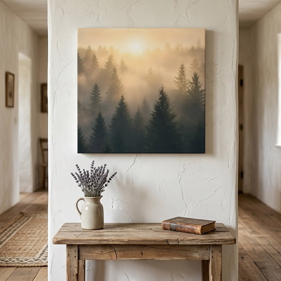 Pine Forest Canvas Wall Art for Living Room Bedroom Bathroom, Farmhouse Mist Mountain Sunset Nature Landscape Canvas Art Wall Decor, Artwork for Walls Home Office Decor, 8"x8"