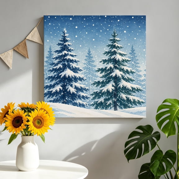 Pine Forest Canvas Wall Art, Winter Nordic Snowy Green Pine Trees Rustic Snow Pictures Wall Decor Wooden Framed Artwork Art Prints for Living Room Hallway Bedroom Office 8"x8"