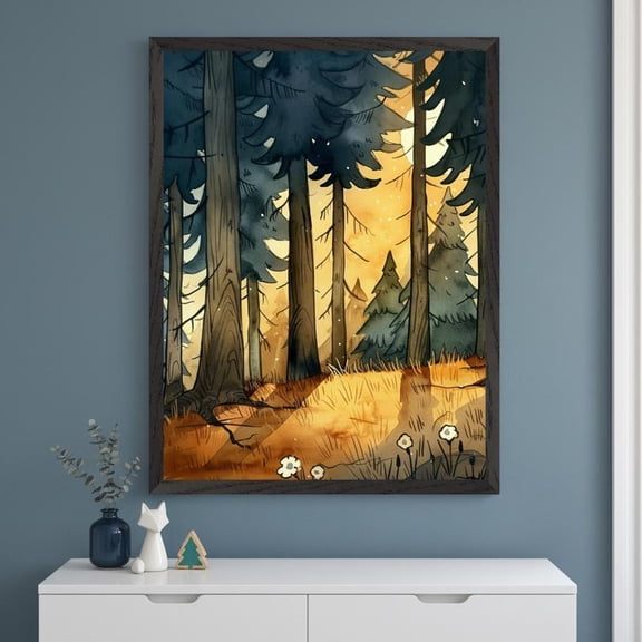 Pine Forest Golden Sunset Light Rustic Evergreen Tree Poster Art, Unframed Poster