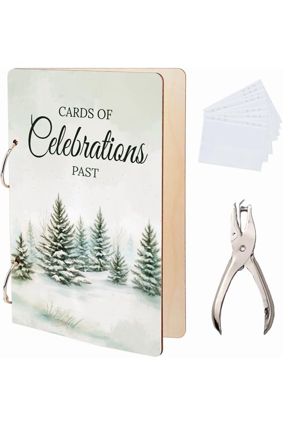 Pine Forest Greeting Card Organizer Celebrations Greeting Card Binder Snowy Scene Wooden Cards 2-Rings Post Cards Album for Birthday Wedding Holiday with Punch and 20 Pockets colorful DIY