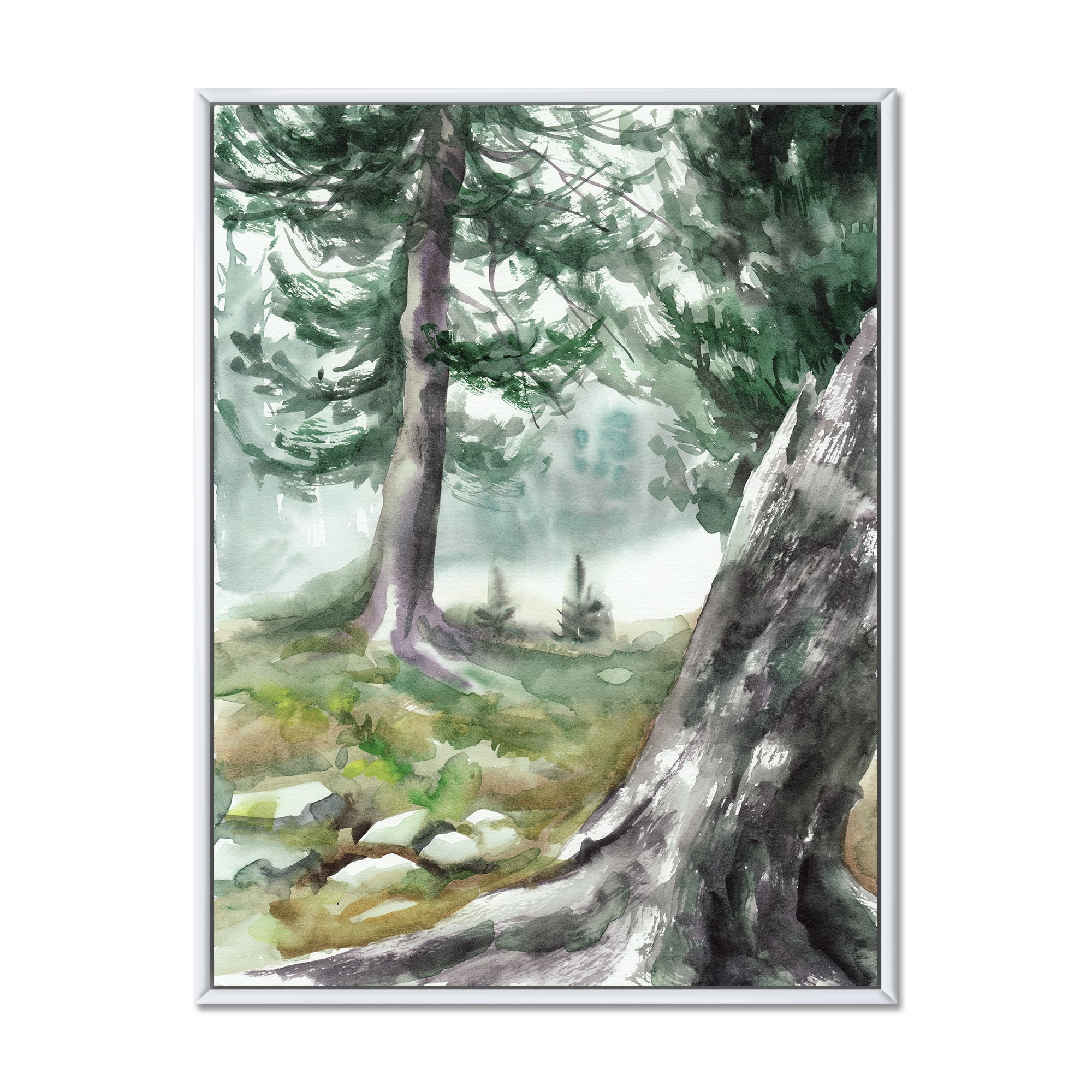 Pine Forest In The Early Morning Glow 24 in x 32 in Framed Painting Canvas Art Print, by Designart