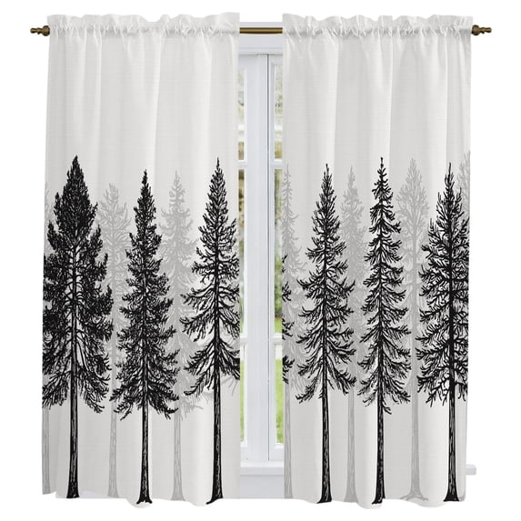 Pine Forest Kitchen Curtains 63 Inch Length, Contemporary Mist Gray Black Botanical Tiers Curtains for Living Room Berdoom Bathroom, Light Filtering Drapes Window Treatment 2 Panels 42"Wx63"L