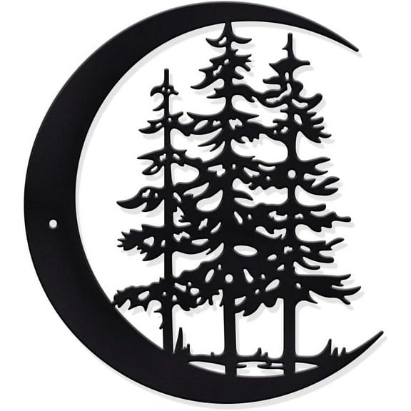 Pine Forest Metal Wall Decor 9.3x10.4inch Iron Moon Wall Art Decor Tree Wall Decor Sign Metal Wall Sculptures for Home Bedroom Living Room Office Hotel Wall Decoration Matte Black Black