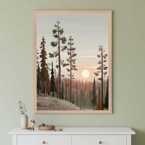 Pine Forest Minimalist Digital Art Wall Sunset Woodland Landscape Print Earthy Tone Tree I
