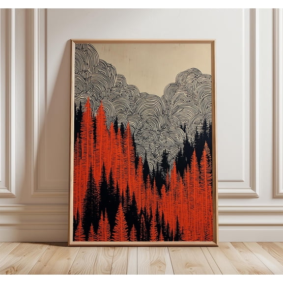 Pine Forest Modern Abstract Landscape Line Illustration Wall Art Unframed Paper Print
