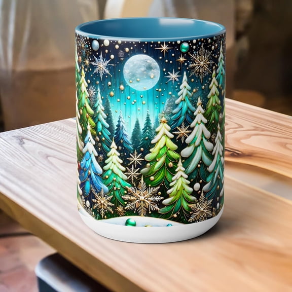 Pine Forest Mug, Stained Glass Style Coffee Cup, Winter Evergreen Tree Mug, Nature Lover Christmas Gift 15oz