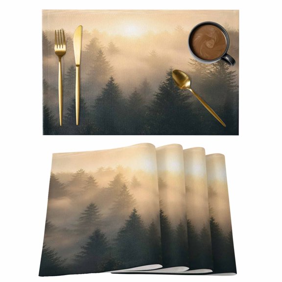 Pine Forest Placemats Set of 1, Farmhouse Mist Mountain Sunset Nature Landscape Non-Slip Place Mats Washable Table Mats for Kitchen Dining Table Decorations Indoor/Outdoor